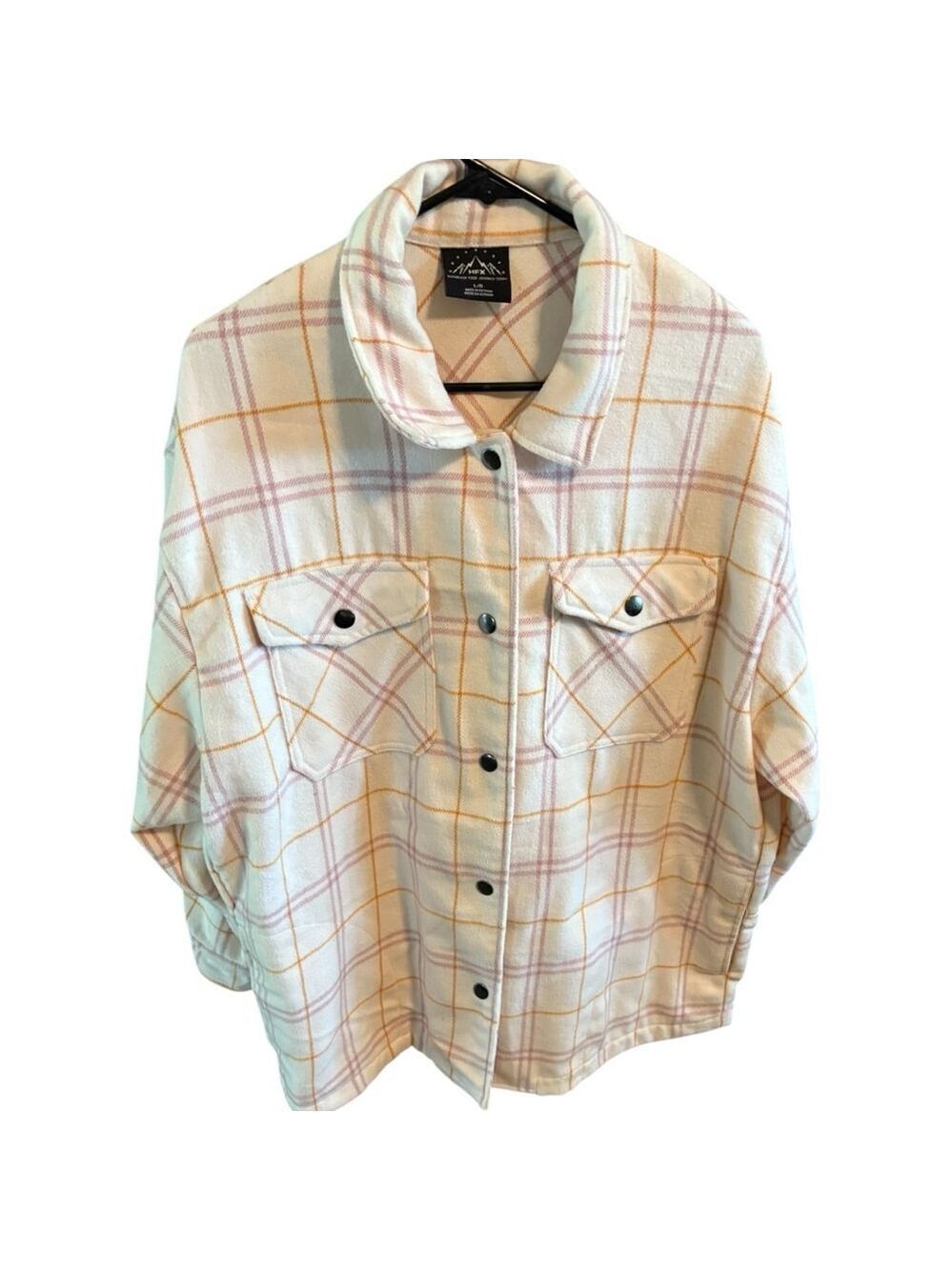 HFX Pale Pink Orange Plaid Button Front Shacket Jacket Size L